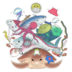 株式会社バンダイナムコエンターテインメント 釣りスピリッツ釣って遊べる水族館　ざんねんないきもの事典シリーズ コラボステージイラスト